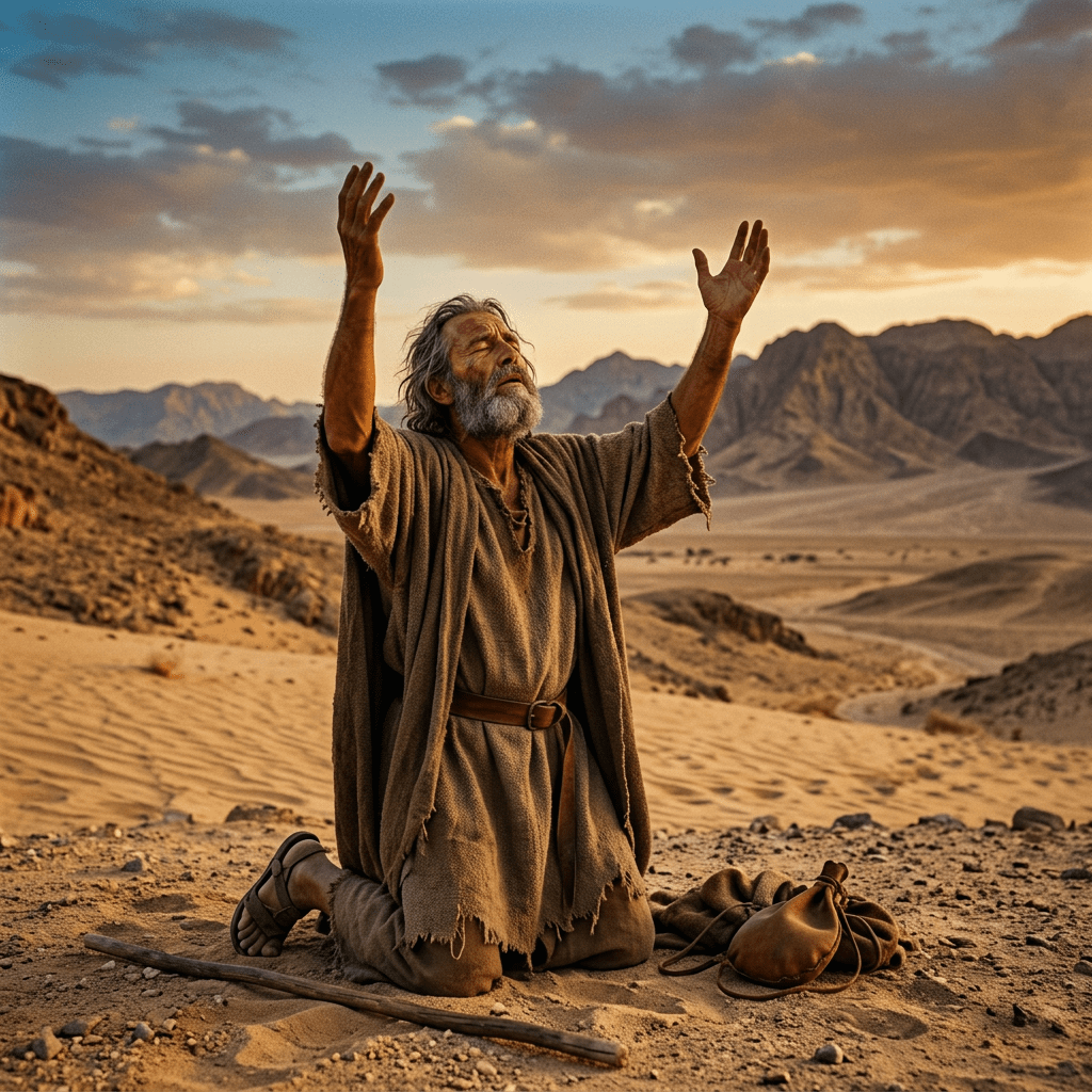 Elderly man kneeling in desert with arms raised in prayer